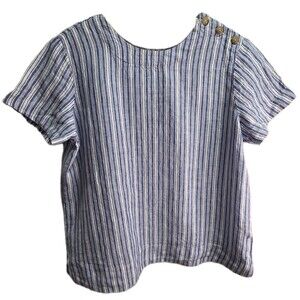 Lands' End Womens M 10-12 Linen Short Sleeve Blue Stripe Shirt